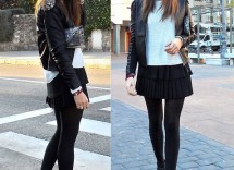 outfit per ragazza vestito nero maglione bianco e giacca di pelle 4AO3