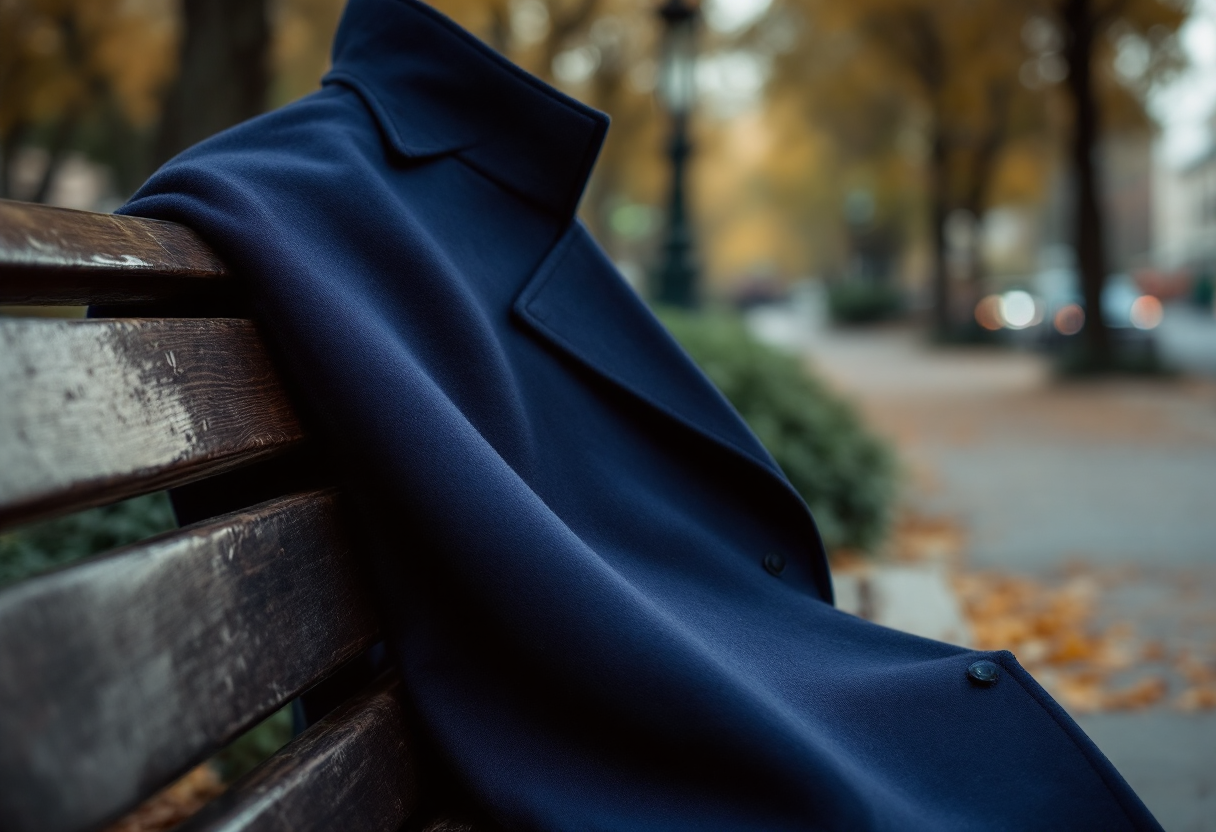 Cappotto blu navy elegante indossato da una modella