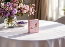 Cipria Ube Birthday Cake di Huda Beauty su sfondo colorato