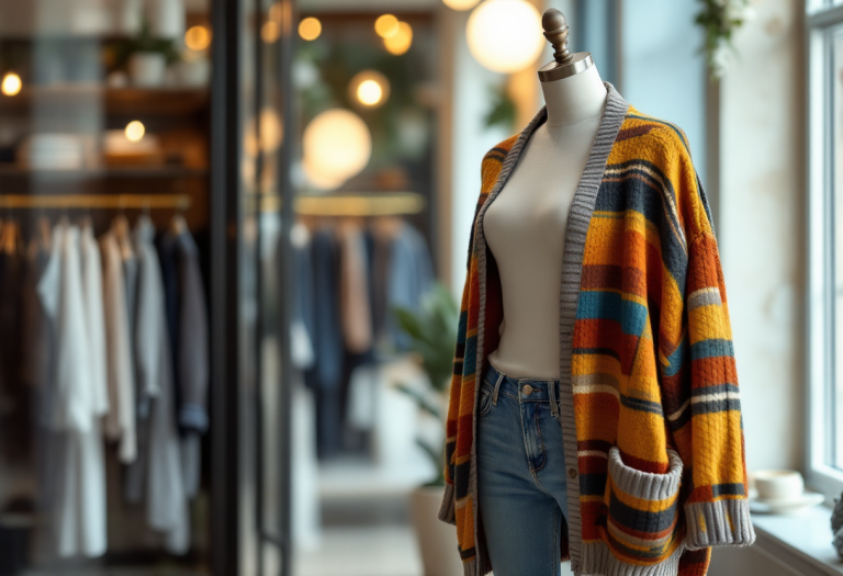 Modella che indossa jeans e cardigan alla moda per l'inverno 2025