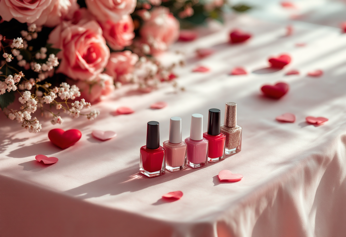 Manicure romantica per San Valentino con cuori e colori
