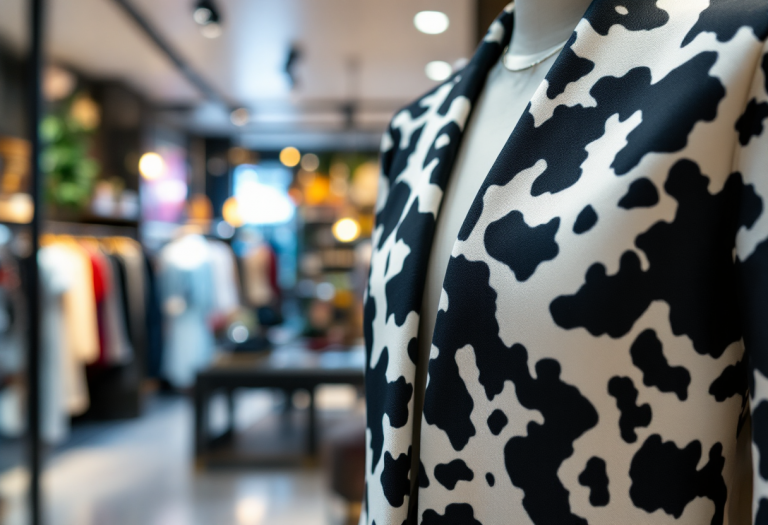 Modello che indossa abbigliamento cow print per la moda 2025