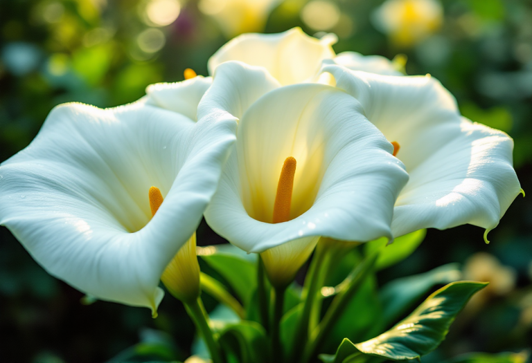 Calle in vaso con fiori colorati e foglie verdi