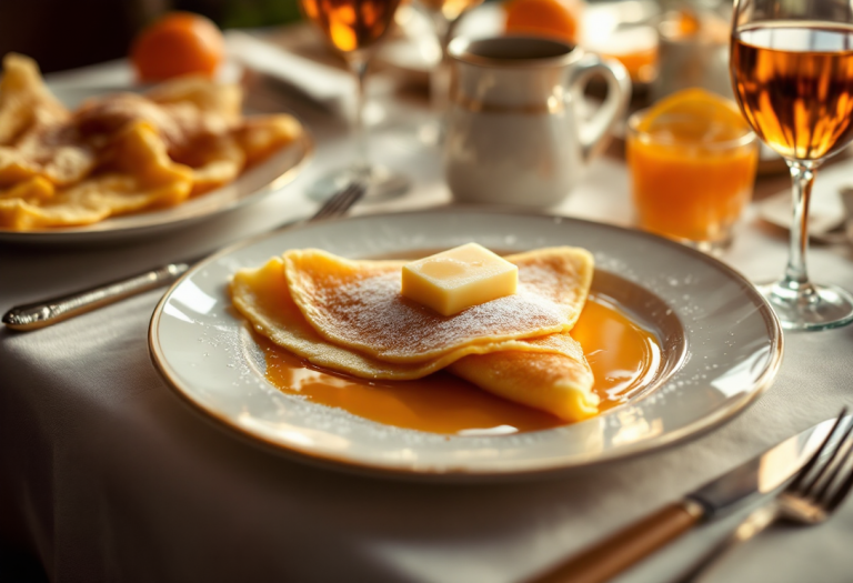 Crêpe Suzette servita con salsa all'arancia