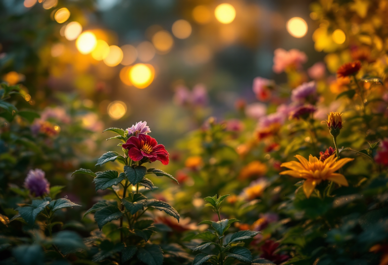 Giardino illuminato con luci decorative e piante